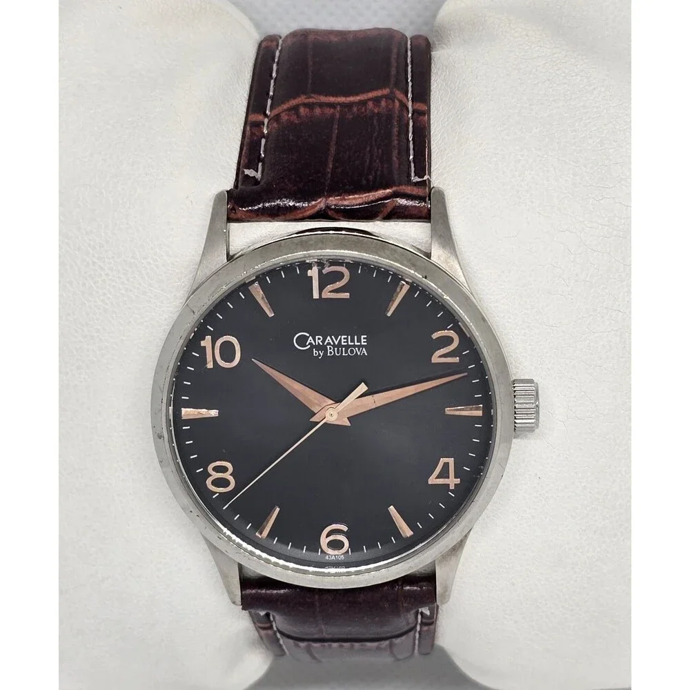 Men's Caravelle New York by Bulova Black Dial Brown Leather Strap Watch 13